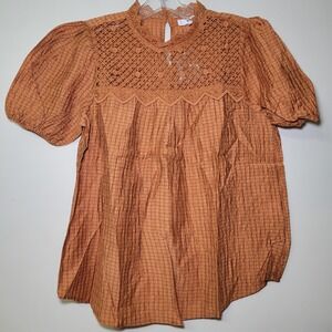 Anthropologie Mine Crochet Lace‎ Neckline Short Sleeve Rusty Orange Woman's Med